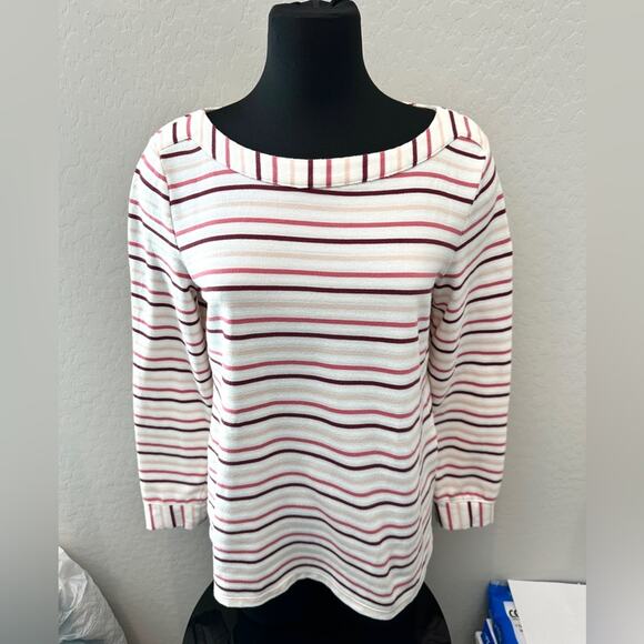 TALBOTS | Striped Long Sleeve Shirt White Pink Burgundy Boat Neck Top | Medium - Picture 2 of 6